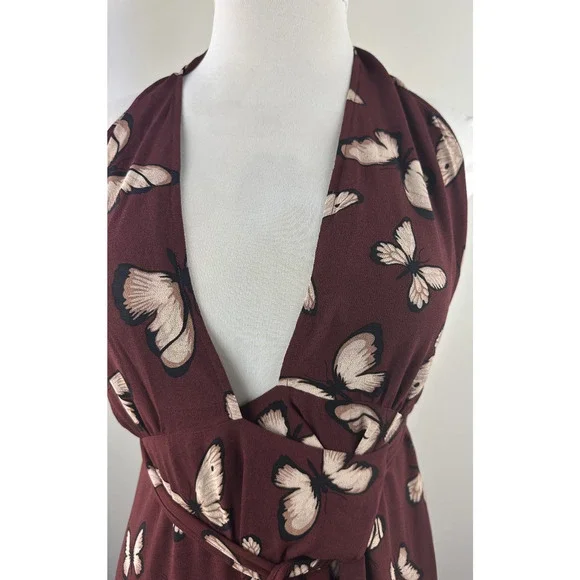 Reformation Johnson Dress Wrap Halter Tie Butterfly Print Burgundy Women's Large - Picture 4 of 15